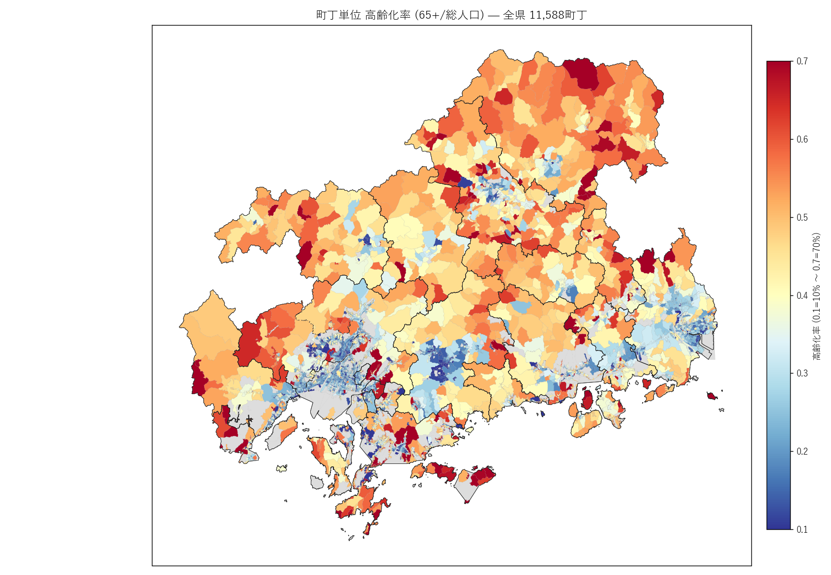 町丁単位 高齢化率 (65+/総人口) — 全県 11,588町丁