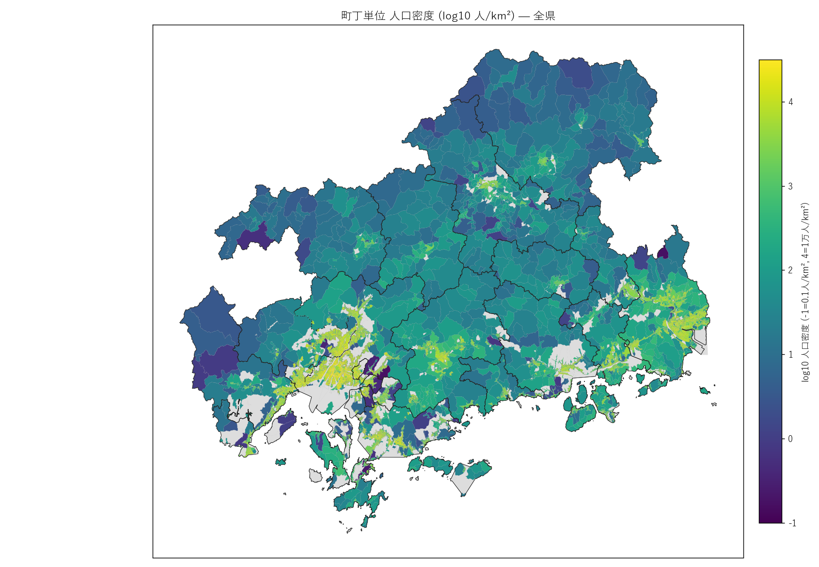 町丁単位 人口密度 (log10 人/km²) — 全県