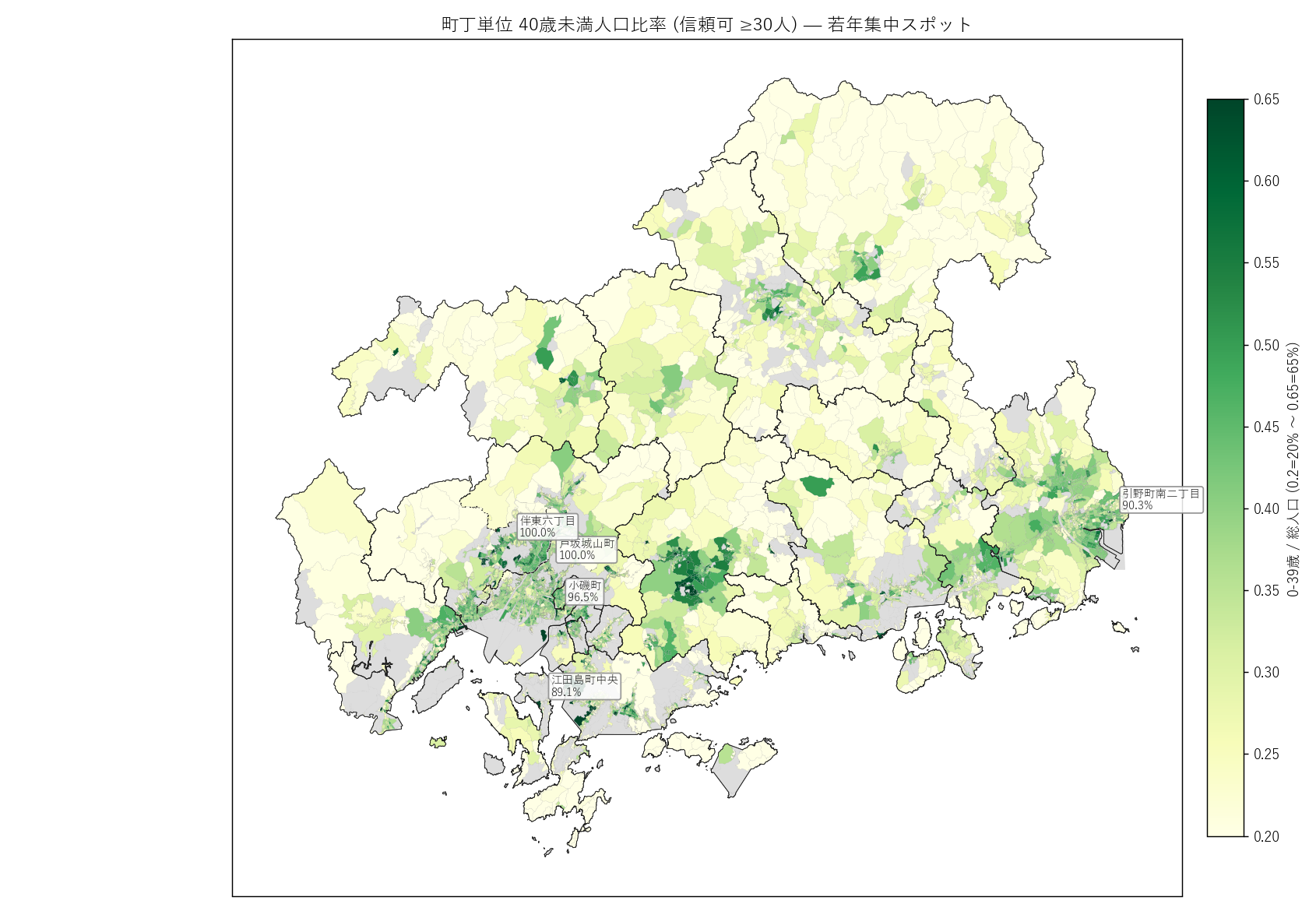 町丁単位 40歳未満人口比率 (信頼可 ≥30人) — 若年集中スポット