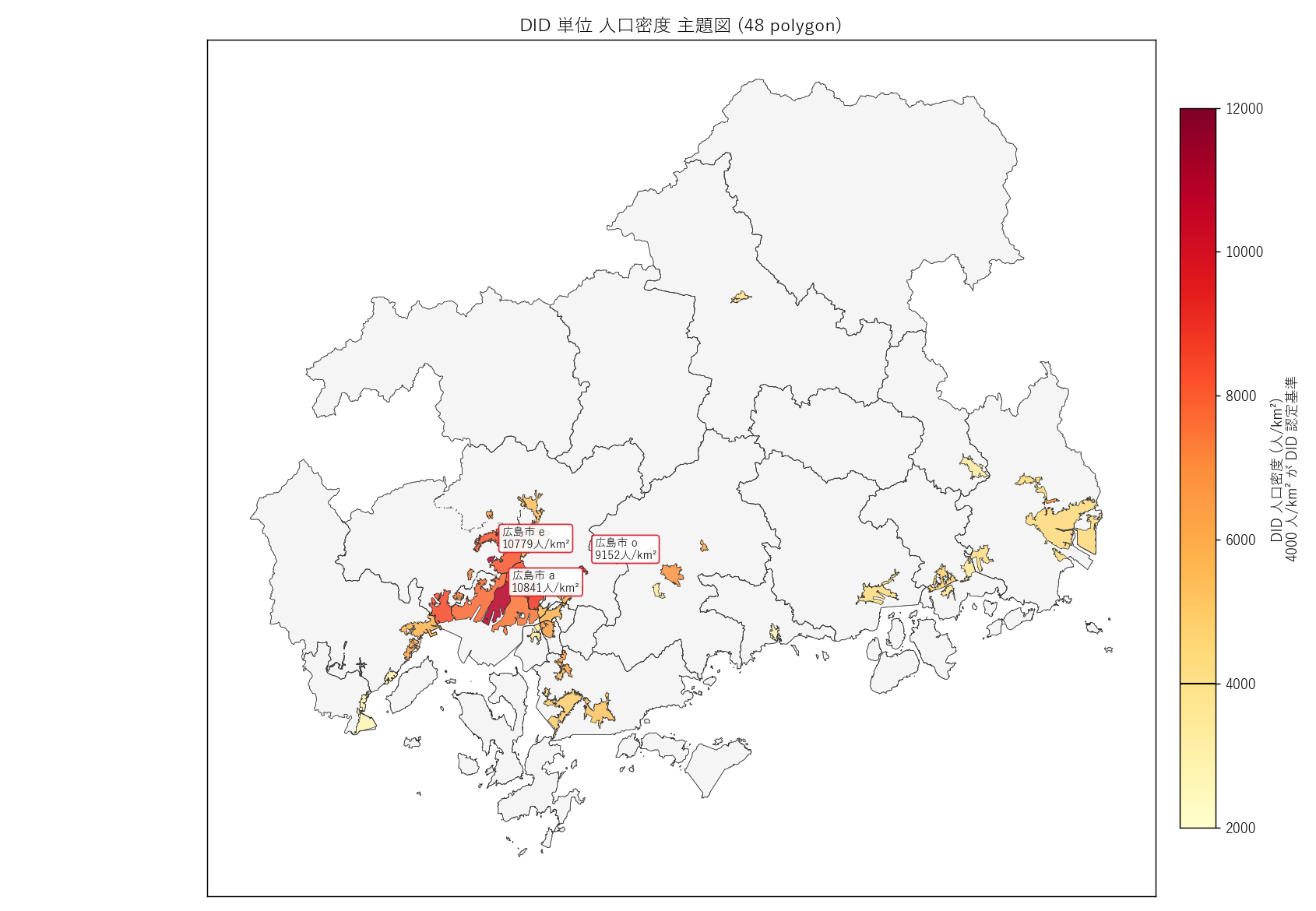 DID polygon 単位 人口密度 主題図 (n=48 polygon)