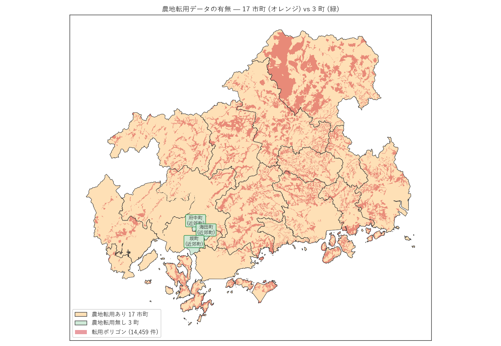 農地転用あり 17 市町 (オレンジ) vs 無し 3 町 (緑)