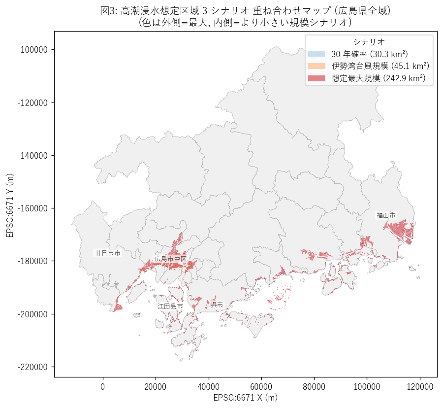 図3: 高潮浸水想定区域 3 シナリオ 重ね合わせマップ