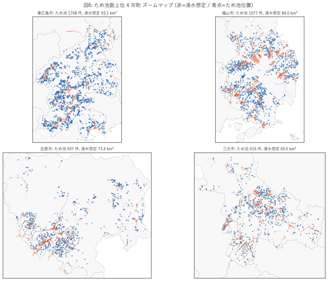 図6: ため池数上位 4 市町 ズームマップ