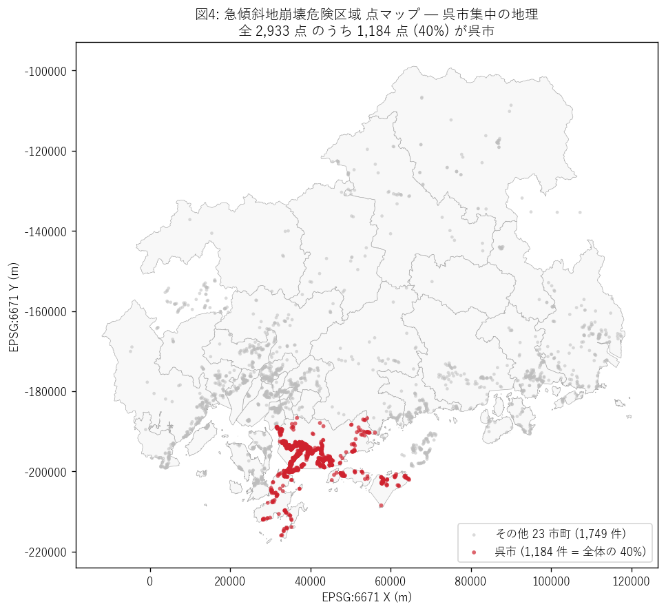 図4: 急傾斜地崩壊危険区域 点マップ — 呉市集中の地理