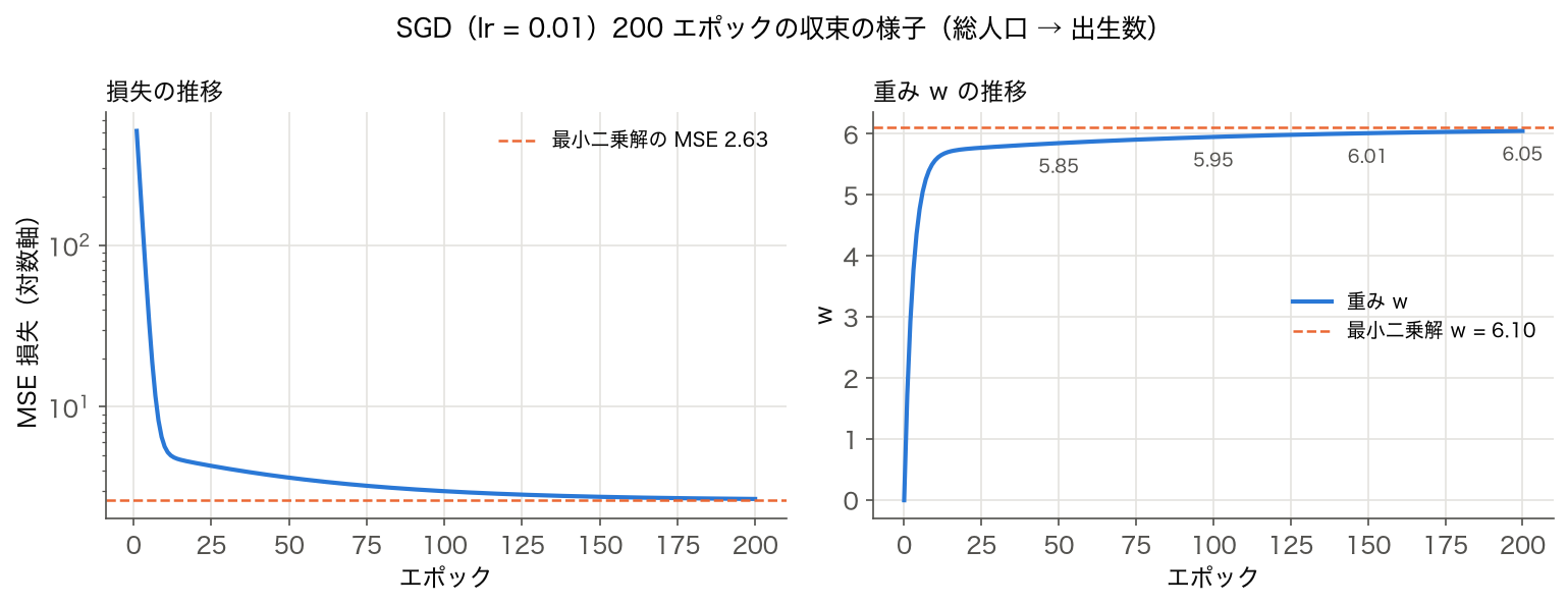 正しい学習ループの MSE 損失（最小二乗解の MSE 2.63 に近づく）と重み w（50・100・150・200 エポックで 5.85・5.95・6.01・6.05、最小二乗解 6.10）のエポックごとの推移
